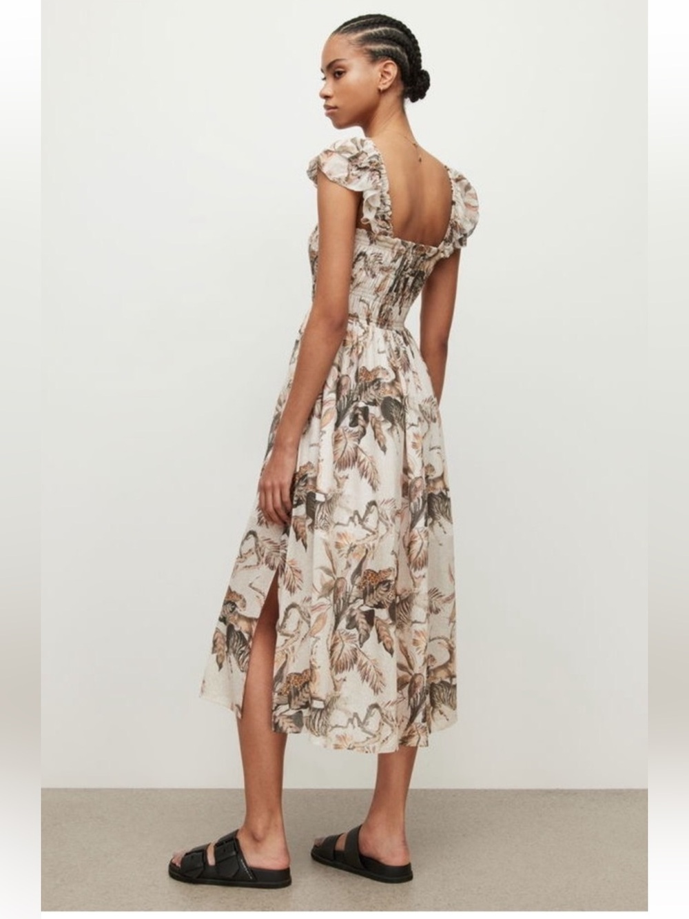 All Saints Botanical Safari Animals Print Midi Dress in Cream and Brown